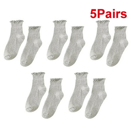 YUANBANG 5Pairs Cute Solid Color Edged Double Needle Lolita Socks Gray
