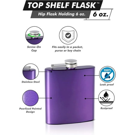 Top Shelf Flasks 6 oz. Pearlized Painted Hip Flask Assorted Colors Purple
Top Shelf Flasks 6 oz. Pearlized Painted Hip Flask Assorted Colors Purple