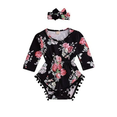 0-2Years Baby Girl Black Floral Romper Diaper+Headband