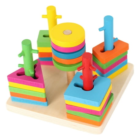 1 Set Five Column Wooden Construction Toys Building Blocks Geometric Board Puzzle Toys for Kids Children