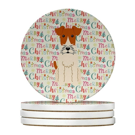 Merry Christmas Wire Fox Terrier Large Sandstone Coasters Pack of 4 4 in x 4 in