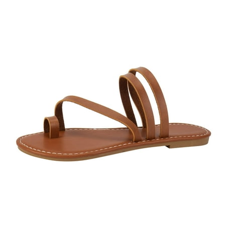 Ladies Fashion Summer Solid Leather Topped Flat Bottom Beach Slippers