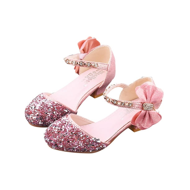 KidPika Kids Girls Sequin Bowknot Princess High Heel Shoes Kids Glitter Dance Party Performance Wedding Shoes