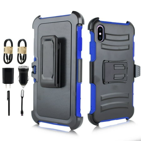 Value Pack for 6.5" Apple iPhone XS Max Belt Clip Holster Kickstands Hybrid Shock Armor Case + Bllue