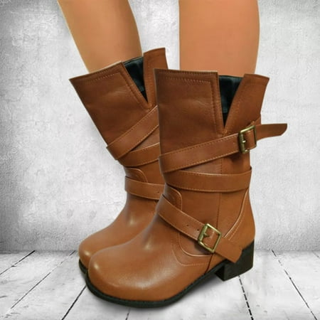 Midewhik Heel Round Belt Ankle Boots Buckle Thick Toe Boots Women s Shoes Women s Boots