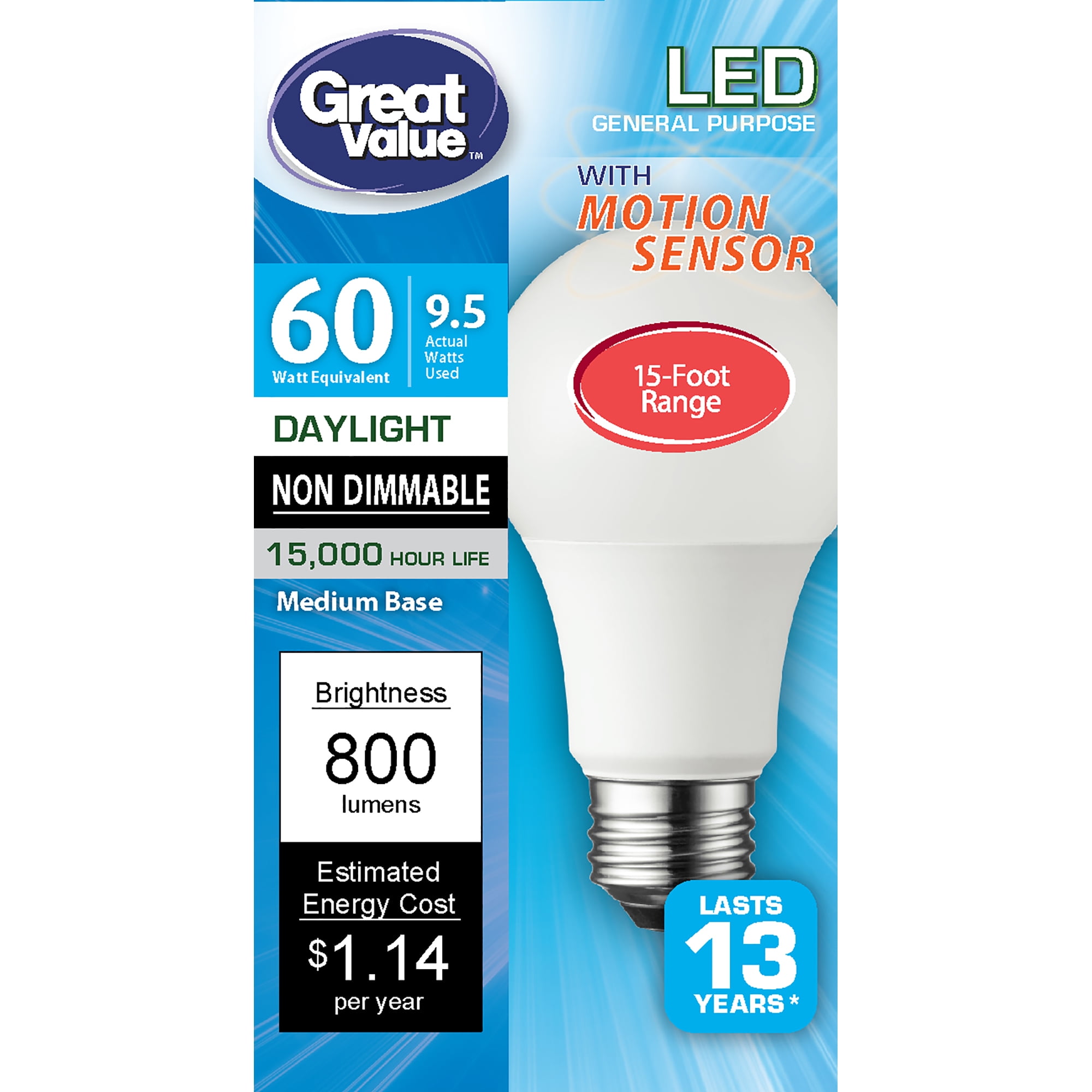 Great Value LED Light Bulb 9 5W 60W Equivalent A19 Motion Sensor