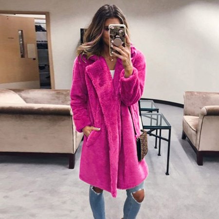 Fashion Women Winter Fluffy Solid Color Coat Notched Collar Long Sleeve Button Pocket Faux Fur Thick Jacket Outerwear