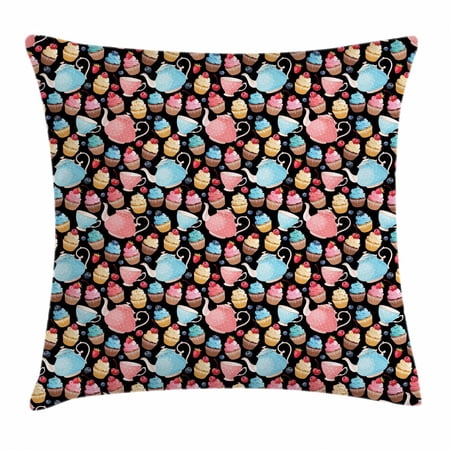 Tea Throw Pillow Cushion Cover, Sweet Muffins Cupcakes with Blueberries Polka Dots Style Vintage Ceramic Teapots Kitsch, Decorative Square Accent Pillow Case, 18 X 18 Inches, Multicolor, by Ambesonne