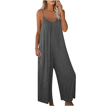 Jsezml Womens Casual Sleeveless Jumpsuits V Neck Loose Baggy Long Pants Backless Stretchy Romper Overalls with Pockets