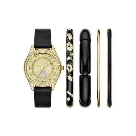 Folio Women's Watch Gift Set: Gold Round Case, Gold Sunray Dial and Black Faux Leather Strap