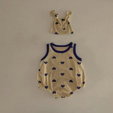 DanceeMangoo Summer New Baby Heart Print Sleeveless Bodysuit + Hat Cute Infant Cotton Cartoon Jumpsuit Casual Toddler Clothes 0-24M