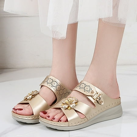 Women Summer Slip-On Wedges Beach Open Toe Breathable Sandals Flowers Shoes
