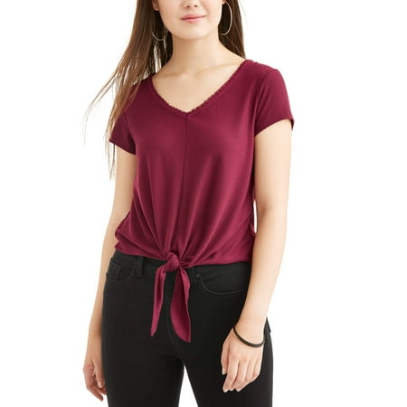No Boundaries Juniors' ribbed v-neck tie front short sleeve t-shirt