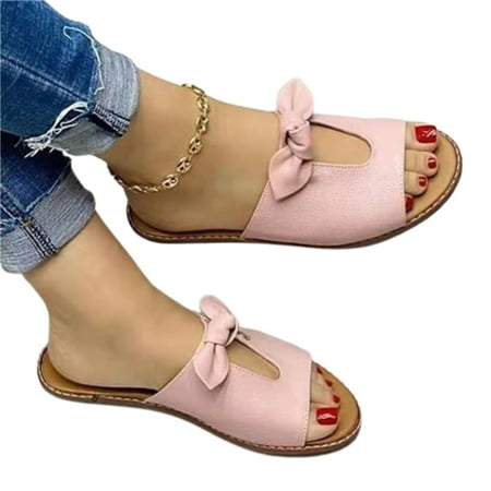Women Peep Toe Slippers PU Upper Casual Sandals Low Flat Heel Slide Shoes