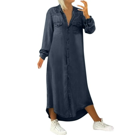 Women s Dress Shoes Solid V Pocket Dress Long Long Button Loose Denim Casual Women Sleeve Dress Neck Women s Casual Dress
Women s Dress Shoes Solid V Pocket Dress Long Long Button Loose Denim Casual Women Sleeve Dress Neck Women s Casual Dress