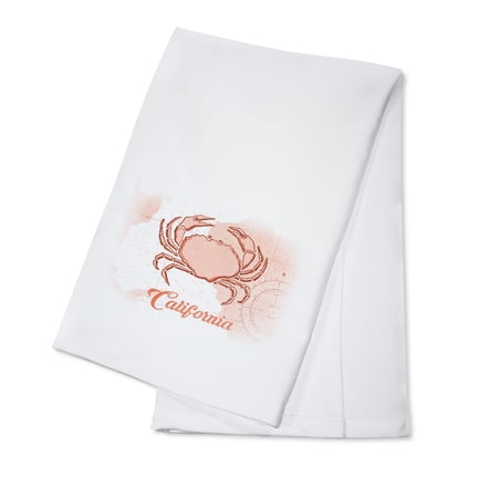 California - Crab - Coral - Coastal Icon - Lantern Press Artwork (100% Cotton Kitchen Towel)