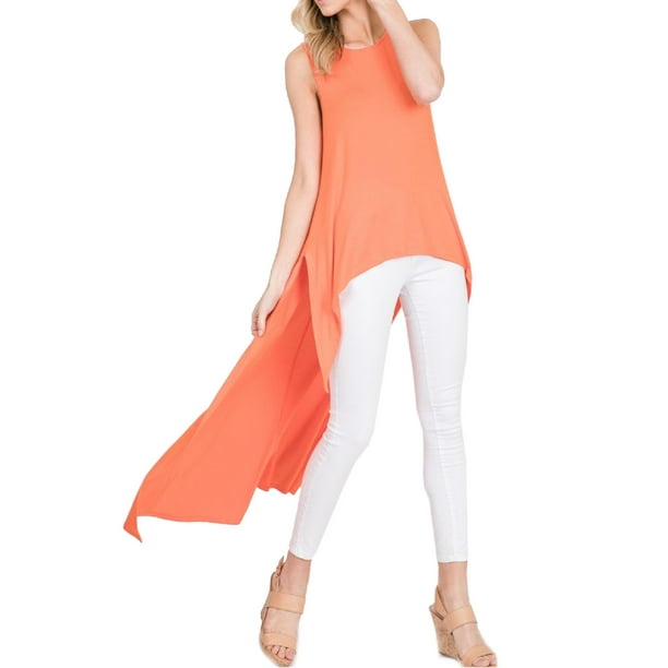 Made by Olivia Women's Hi Low Curved Front Slit Look Sleeveless Tunic Fashion Tops Tangerine XL