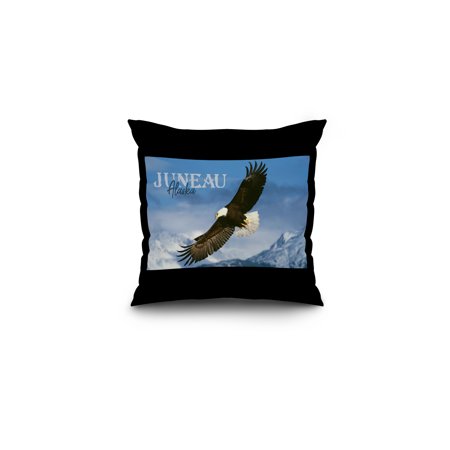 Juneau, Alaska - Eagle Soaring - Lantern Press Photography (James T. Jones) (16x16 Spun Polyester Pillow, Black Border)