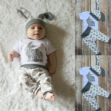 hot sales Newborn Baby Girl Boy Cartoon First Easter 3D Bunny Outfits Romper Hat Pants Set