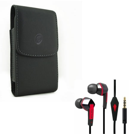Black Vertical Leather Case w Headset Handsfree Earphones Earbuds w Mic L8E for Kyocera DuraForce Pro 2 - LG G6 G8 ThinQ, G7 ThinQ - Motorola One, Moto X4 X Play G7 Play, Droid Maxx 2