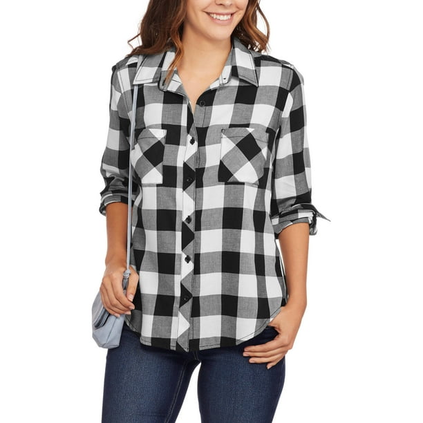Women's Button Front Plaid Shirt with Roll Cuff Detail