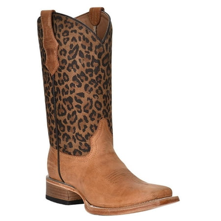Circle G Boys J7104 Kids Honey Leopard Print Top Sq Toe Boot 4 Tan
