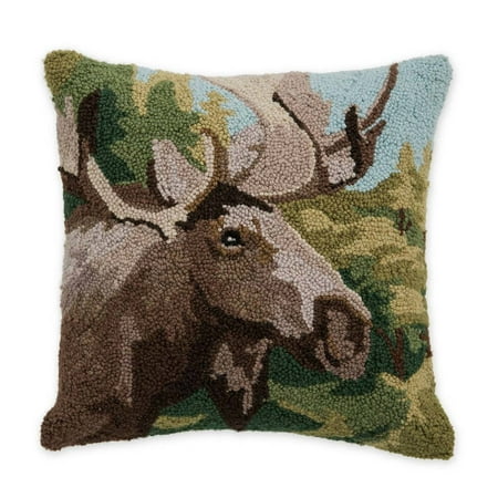 Moose Hand-Hooked Wool Throw Pillow