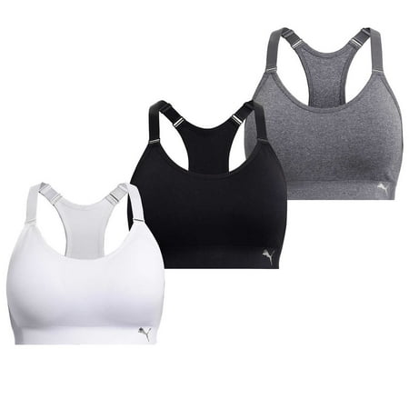 PUMA Ladies Racerback Sports Bra 3-pack Black/White/Gray Large