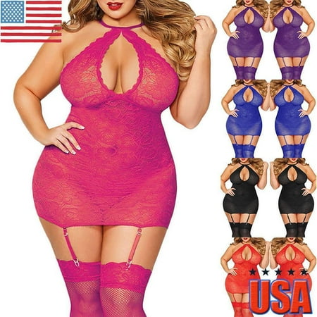 Sexy Womens Lace See-Thru Babydoll Slim Halter Nightdress Garter Belt Sleepwear