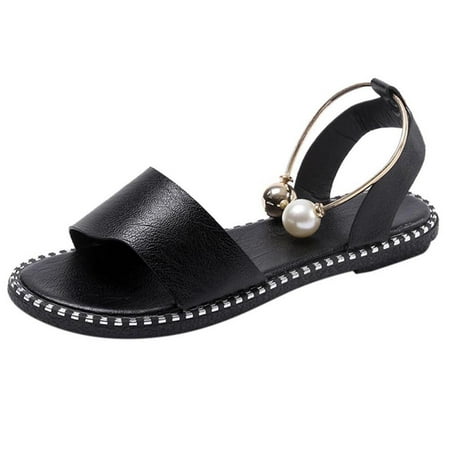 Women Ladies Fashion Solid Round Toe Pearl Buckle Causal Sandals Shoes