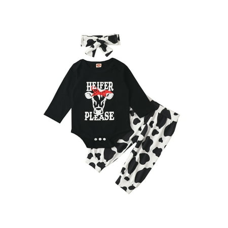 

Gureui Toddler Infant Baby Boys Girls Long Pants Outfits Long Sleeve Letter Printed Romper + Cow Skin Pattern Pants + Cute Headband 3Pcs Clothes Set