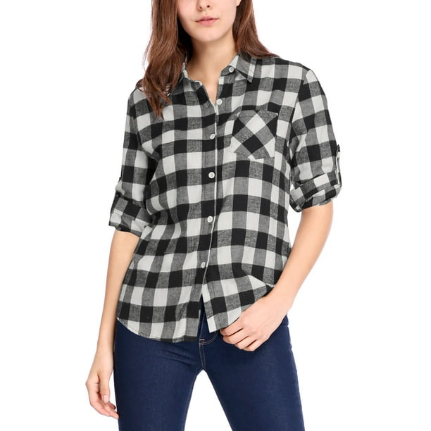 Women's Roll Up Sleeves Buttoned Pocket Plaids Shirt Blouse Tops White L (US 14)