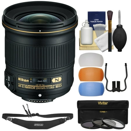 Nikon 24mm f\/1.8G AF-S ED Nikkor Lens with 3 Filters + Strap + Flash Diffusers + Kit for D3200, D3300, D5300, D5500, D7100, D7200, D610, D750, D810, D4s DSLR Camera