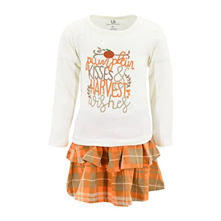 Unique Baby Girls Pumpkin Kisses Plaid 2 Piece Fall Thanksgiving Skirt Set (4t)