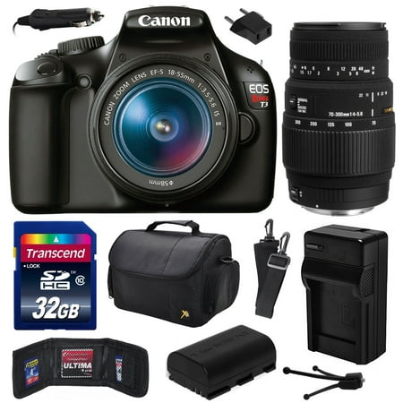 Canon EOS Rebel T3 Digital SLR Camera with EF-S 18-55mm f\/3.5-5.6 IS and Sigma 70-300mm f\/4-5.6 DG Macro Lens with 32GB Memory, Large Case, Battery, Charger, Memory Card Wallet, Cleaning Kit 5157B002