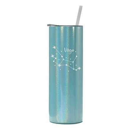 

20 oz Skinny Tall Tumbler Stainless Steel Vacuum Insulated Travel Mug Cup With Straw Star Zodiac Horoscope Constellation (Light Blue Iridescent Glitter) (Virgo)