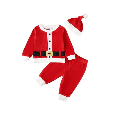 Shuttle tree Baby Christmas Sets Round Neck Long Sleeve Velvet Tops with Black Belt Pants Hat
Shuttle tree Baby Christmas Sets Round Neck Long Sleeve Velvet Tops with Black Belt Pants Hat