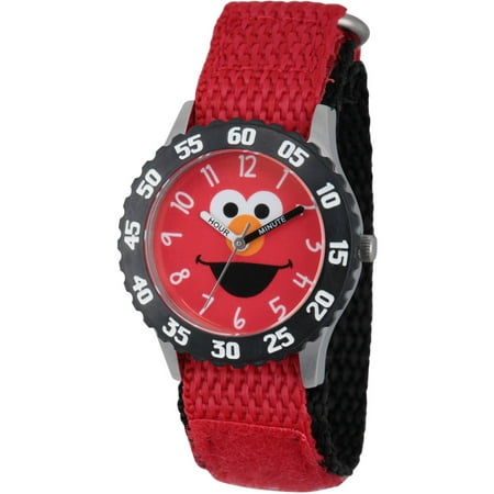 Sesame Street Elmo Stainless Steel Time Teacher Watch, Black Bezel, Red Hook and Loop Nylon Strap with Black Backing
