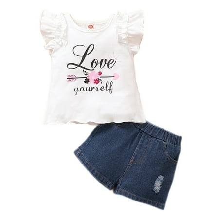 Baby Girls Clothes Toddler Girls Summer Outfits Ruffle Sleeve Letter Print Top Denim Shorts 2PCS Set White 12-18 Months
Baby Girls Clothes Toddler Girls Summer Outfits Ruffle Sleeve Letter Print Top Denim Shorts 2PCS Set White 12-18 Months
