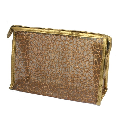 Rectangle Shaped Brown Glittery Mesh Cosmetic Makeup Bag Holder for Lady Women