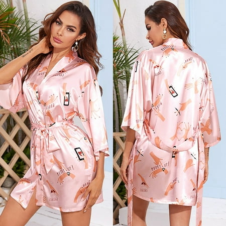 New Silk Nightgown Women s Summer Peony Printing Cardigan Bathrobe Home Pajamas