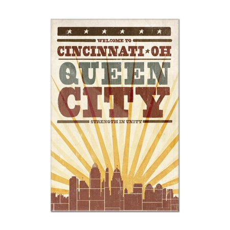 Cincinnati, Ohio - Skyline & Sunburst Screenprint Style - Lantern Press Artwork (8x12 Acrylic Wall Art Gallery Quality)