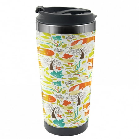 Cartoon Travel Mug Wild Fox Wolf Flower Steel Thermal Cup 16 oz by Ambesonne