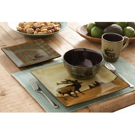 Better Homes and Gardens Roaming Elk 16-Piece Square Dinnerware Set, Brown