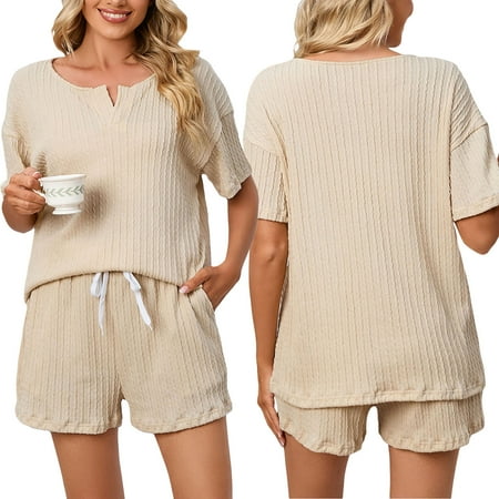 Thaisu Women 2 Piece Pajamas Set Solid Color Short Sleeve Tops and Elastic Shorts Soft Sleepwear for Nightwear Loungewear
Thaisu Women 2 Piece Pajamas Set Solid Color Short Sleeve Tops and Elastic Shorts Soft Sleepwear for Nightwear Loungewear