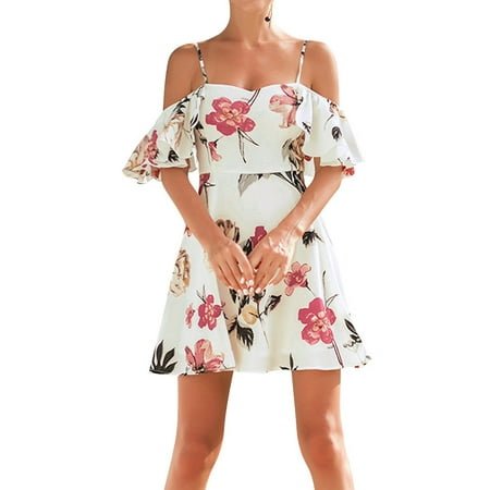 ZXZY Women Spaghetti Strap Ruffle Cold Shoulder Floral Print A-line Mini Dress