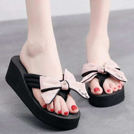 Ovzne Womens House Slippers House Slippers Women Girls Bow Wedge Heel Non-Slip Thick Heel Casual Slippers Memory Foam Slippers For Women