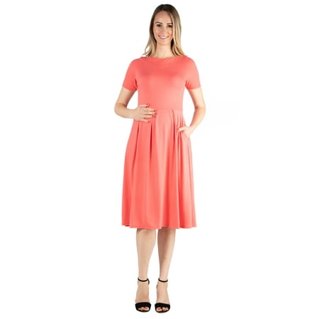 24seven Comfort Apparel Short Sleeve Maternity Midi Skater Dress With Pockets