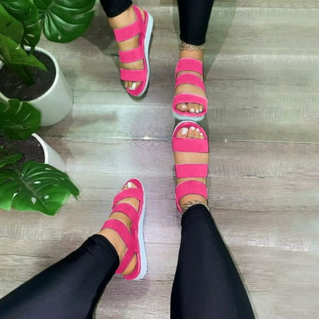 VKEKIEO Round Toe Summer Sandals For Women Mid Heel Platform Pink
