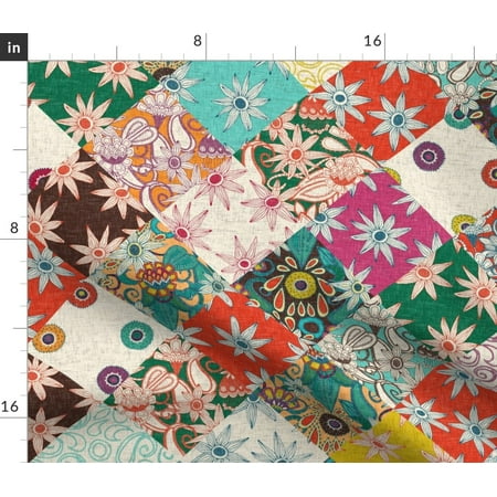 Patchwork Cheater Quilt Aqua Red Mustard Fabric Printed by Spoonflower BTY